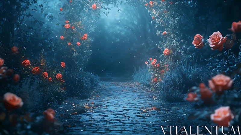 Moonlit rose path winding through an enchanted forest garden.