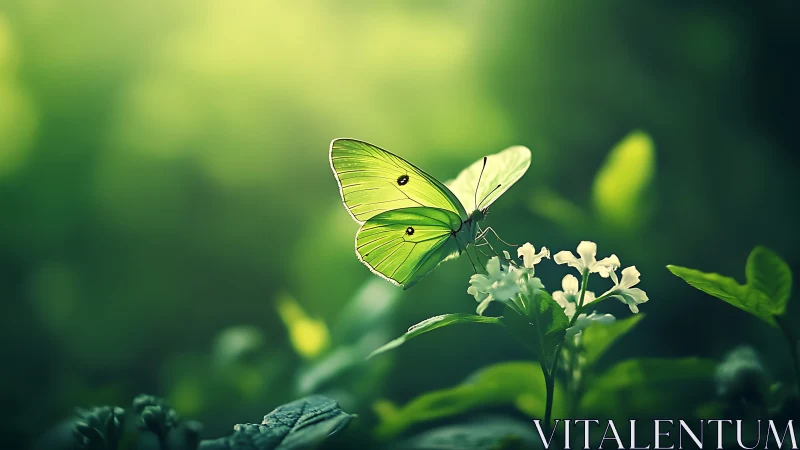 Luminous green butterfly balances softly on morning petals