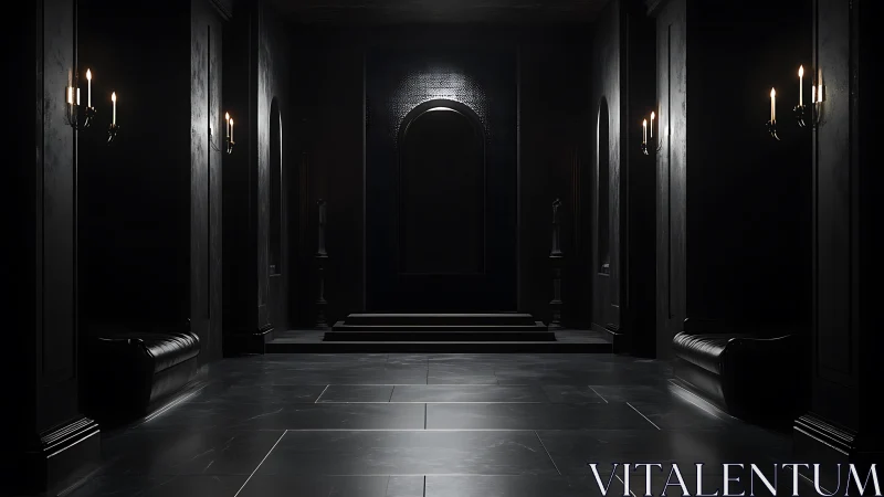 Candlelit black marble corridor with symmetrical gothic staging