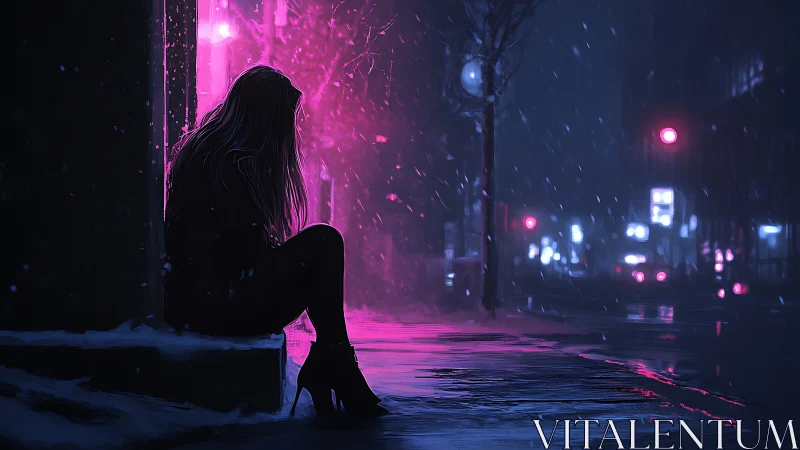 Neon-lit nocturne with lone figure in urban snowfall silhouette.
