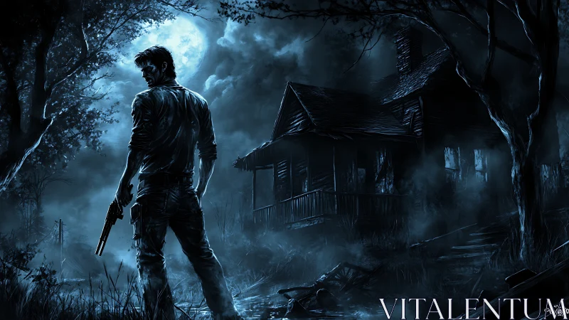 Man with handgun stands before decayed house in moonlit fog