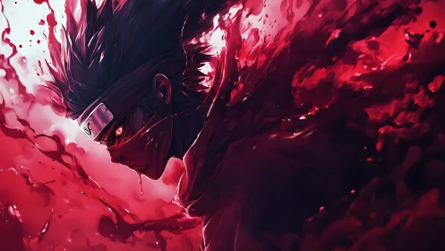 Crimson storm ninja rising from swirling shadows of fury.