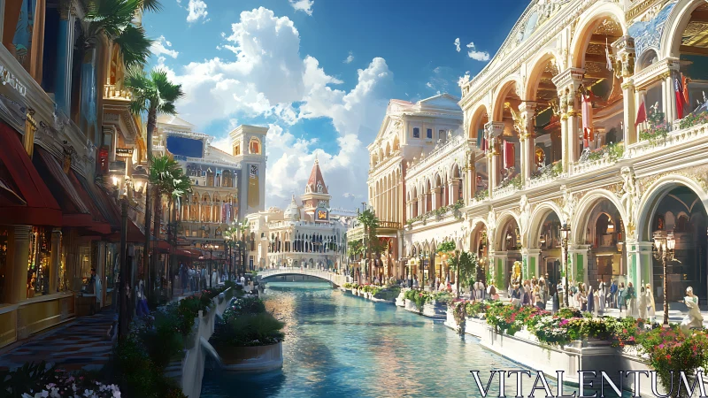 Digital Venetian canal boulevard in luminous neoclassical style.