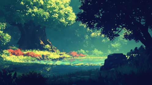 Enchanted Forest Lake with Luminous Canopy.