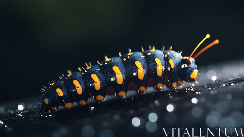 Midnight glow caterpillar on a sparkling rainy path.