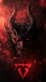 Demonic horned skull rendered in high contrast red particle haze