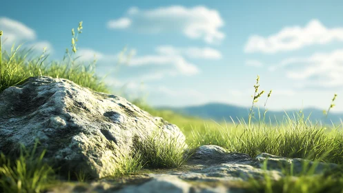 Sunlit rocky outcrop anchors shallow-depth meadow vista