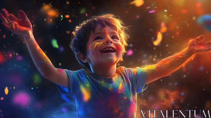 Joyful child celebrates in a burst of glowing color light