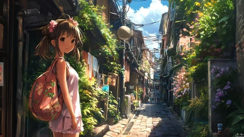 Anime girl in narrow sunlit alley with dense urban greenery.