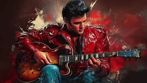 Electric red leather guitarist in expressive digital portrait.