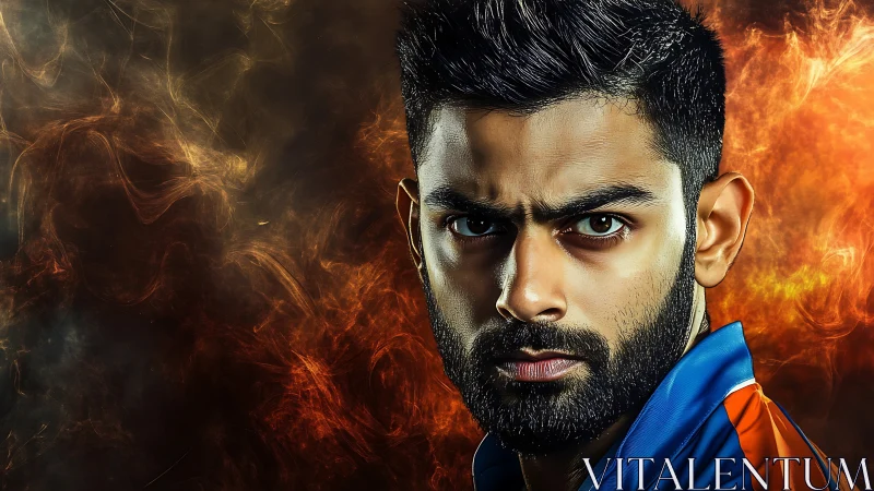 Intense bearded athlete portrait against fiery abstract background