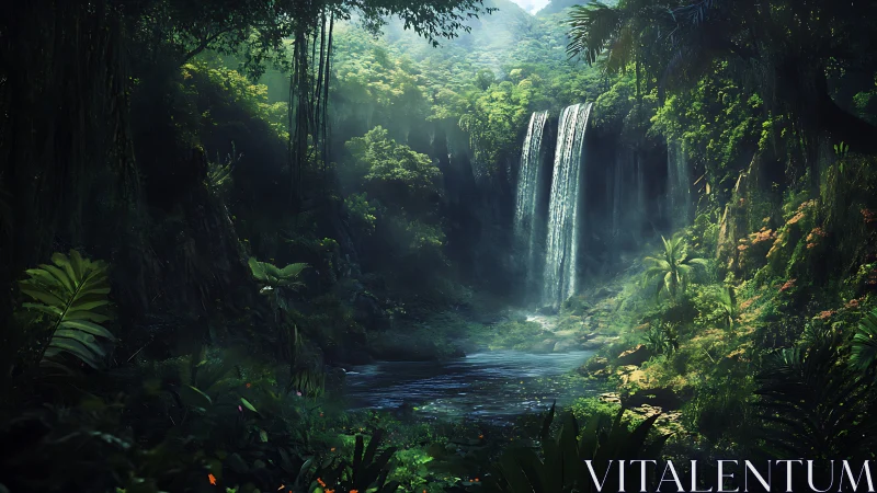Waterfall Cascades Through Lush Rainforest Sanctuary.