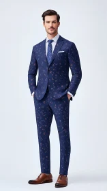 Male model wearing navy floral suit with patterned tie.