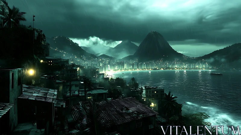 Storm-Soaked Favela Watches Neon Bay Rise in Teal.