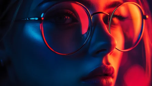 Neon portrait isolates reflective glasses in bold duotone light