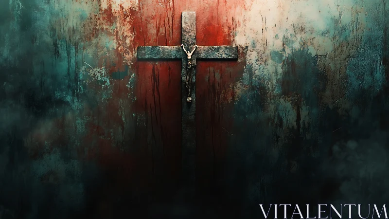 Weathered crucifix against dark stained wall backdrop.
