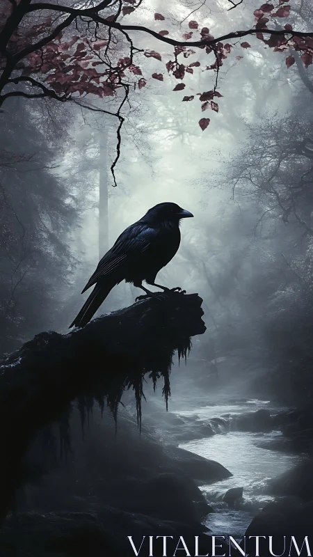 Nocturnal raven silhouette in misted woodland composition.