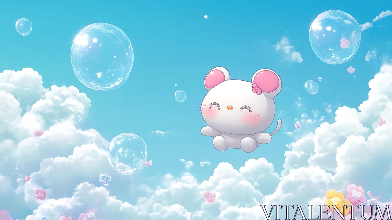Kawaii sky mouse floats among glowing soap bubbles.