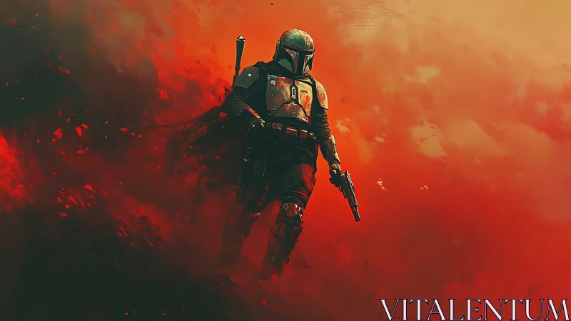 Lone armored wanderer strides through molten sunset smoke