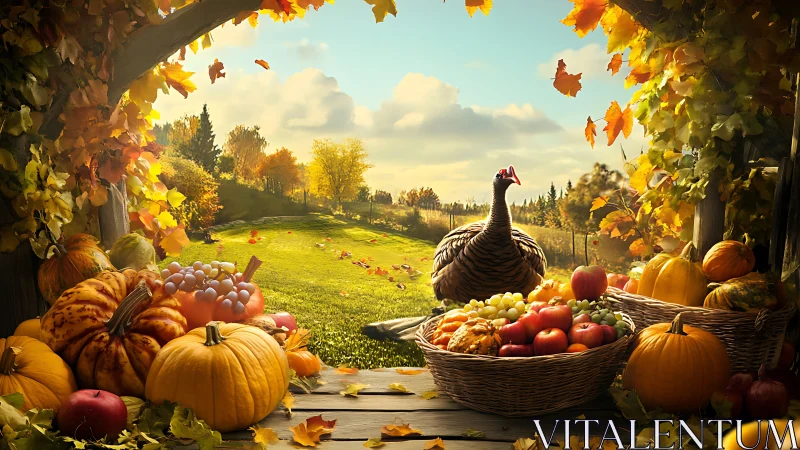 Autumn harvest still life with turkey framed by foliage archway