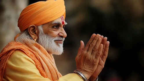 Gentle elder offers a peaceful greeting with folded hands