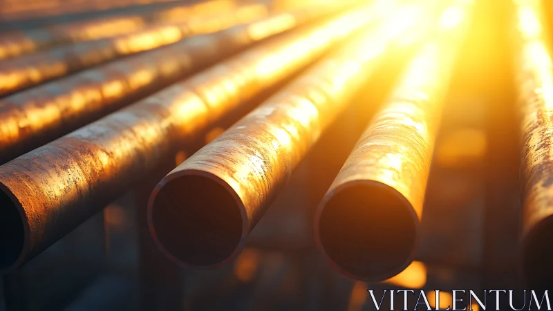 Sunlit industrial steel pipes in shallow depth of field.