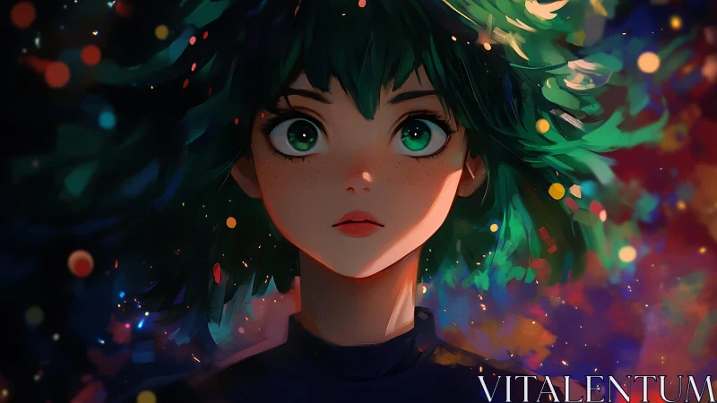 Green-haired anime girl stares forward amid glowing colors