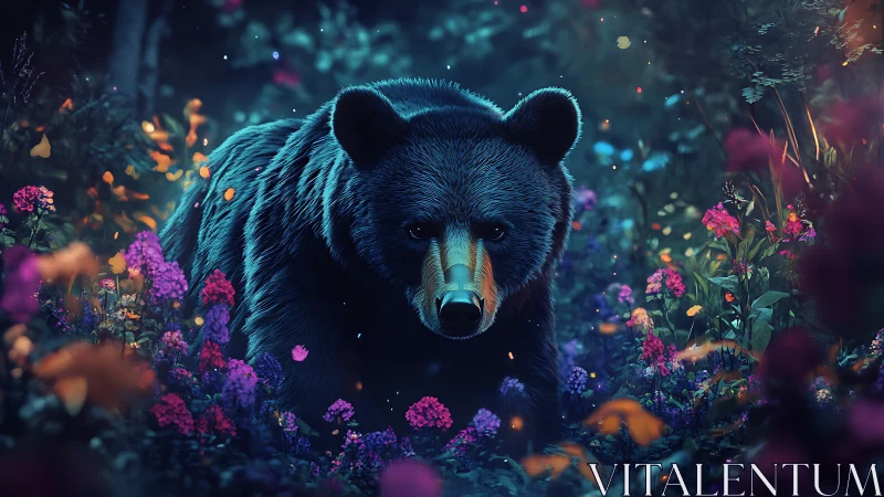 Nocturnal black bear in bioluminescent floral understory.