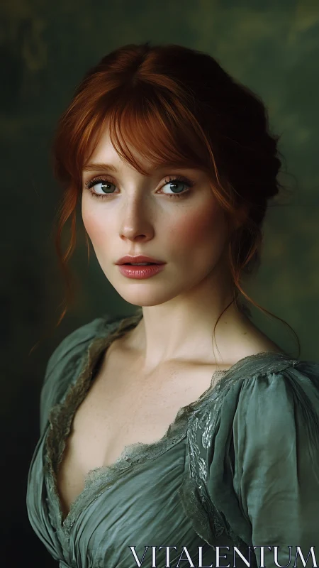 Red-haired woman in vintage green dress portrait.