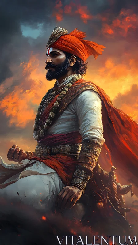 Noble warrior in fiery sunset robes radiating quiet strength.