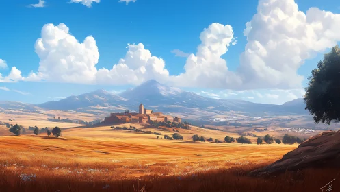 Digital landscape shows distant village across golden plain