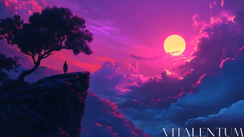 Solitary figure on cliff at neon magenta sunset over clouds