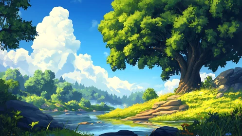 Serene riverside landscape with ancient tree under blue sky.