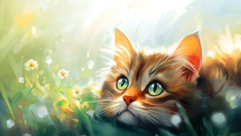 Luminous Kitten Gazes Through Wildflower Dreams