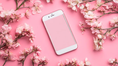 White smartphone centered among pink cherry blossoms on pink background