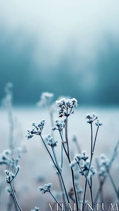 Frost-Covered Plant Stems in Winter Landscape.