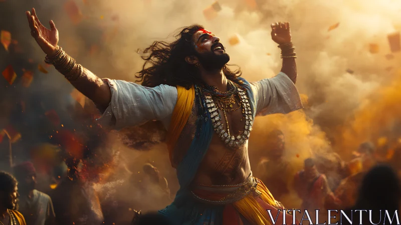 Joy-swept devotee carves light through a storm of color