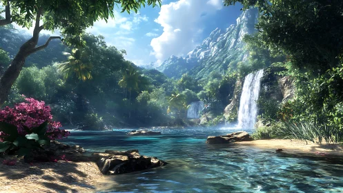 Tropical waterfall cove with crystal lagoon and lush foliage.
