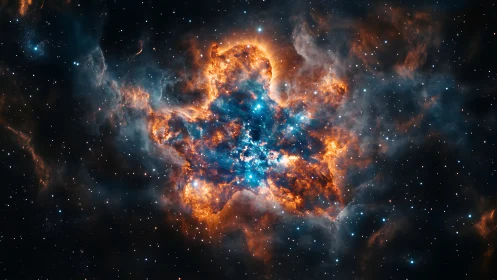 Stellar nebula core radiates blue ionized gas and orange dust