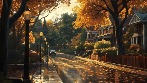 Golden leaflit neighborhood street after autumn rainstorm.