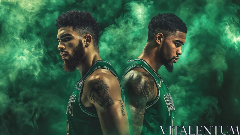 Twin green titans stand back to back in swirling court mist