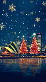 Sydney harbour skyline glows with festive Christmas lights.
