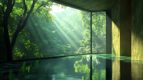 Forest-view pool interior captures volumetric light and reflection