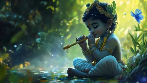 Divine child playing flute by forest pool in soft light.