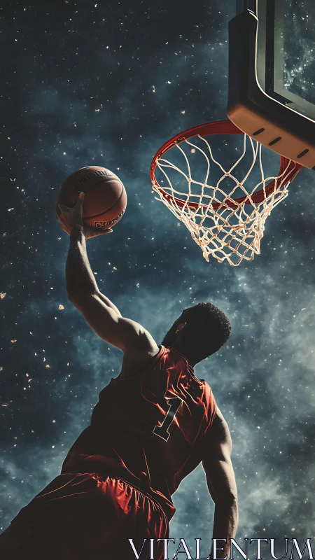 Cosmic slam dunk moment under glowing arena backboard.