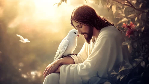 Gentle figure with dove in serene nature, soft sunlight, digital art.