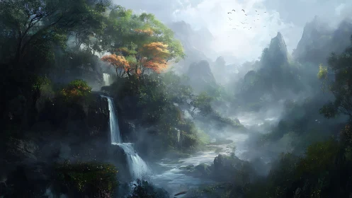 Misty Mountain Valley with Waterfall and Ancient Trees.