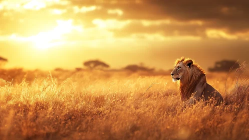 Sun-drenched savanna crowns a lone lion in molten gold