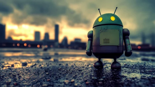 Small green robot on wet urban surface at dusk period.