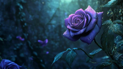 Enchanted Purple Rose Glistens Against Twilight Mystery